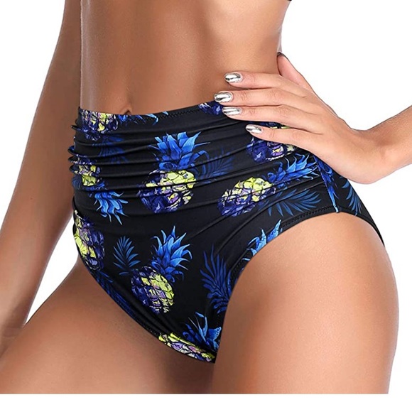 NEW TEMPT ME Black Pineapple High Rise Waisted Swim Bikini Bottom Size Medium - Picture 4 of 7
